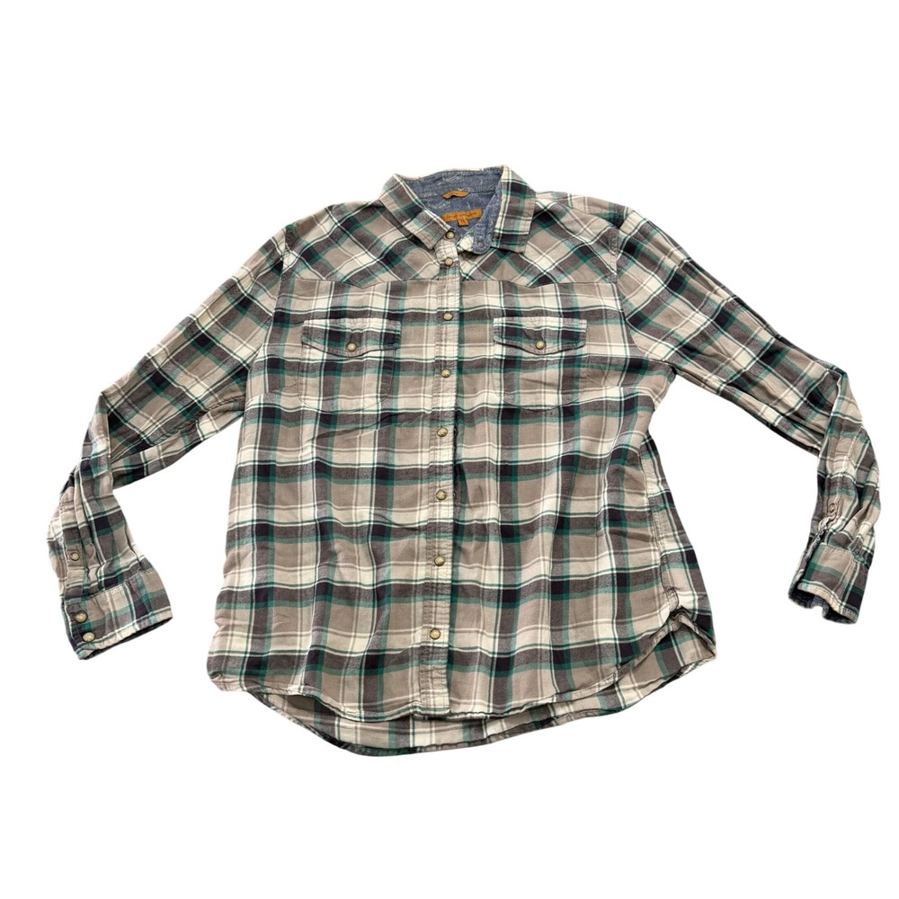 Jacks Girlfriend Womens XL Western Pearl Snap Plaid Shirt Green Gray Cotton